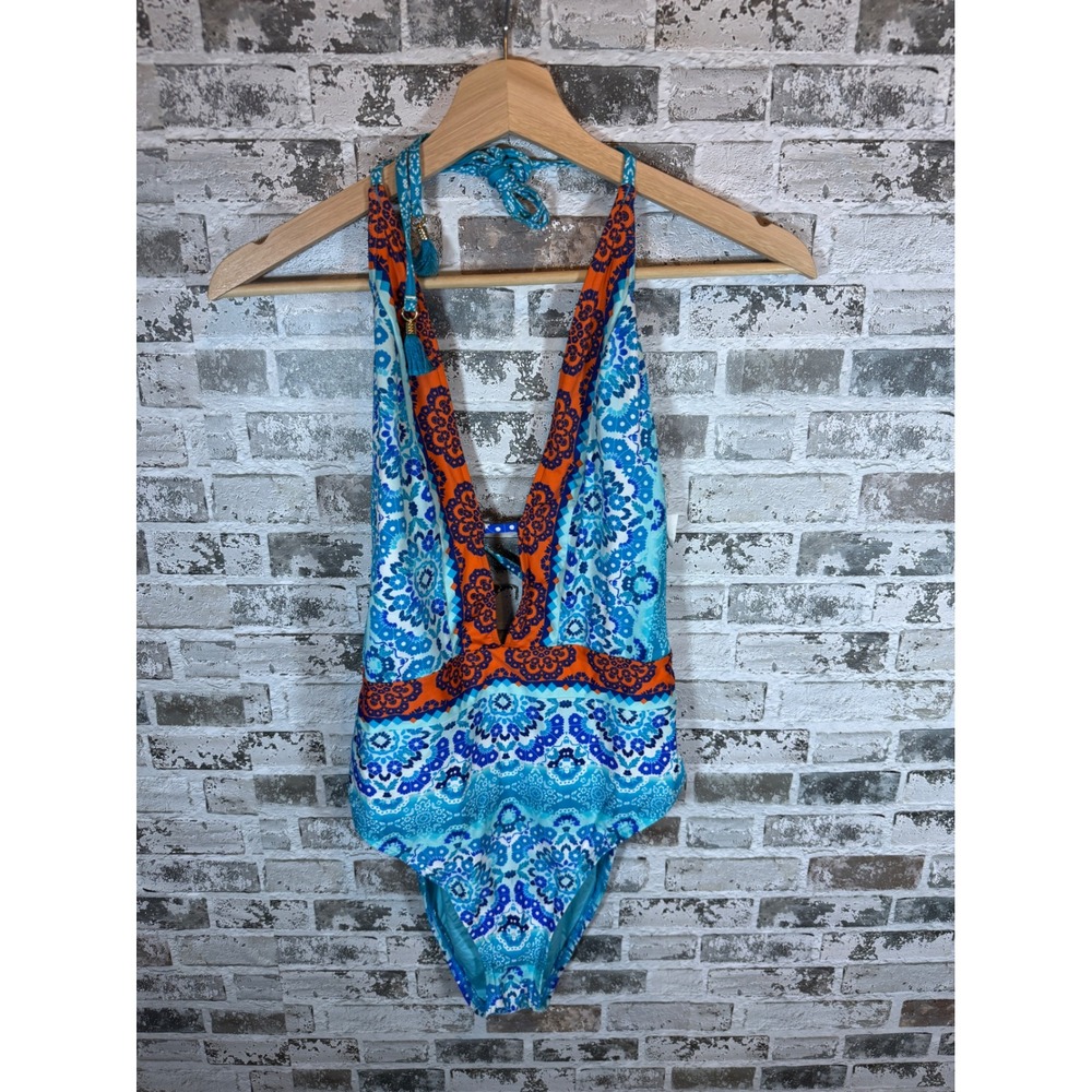 La Blanca One Piece Swimsuit Womens 14 Blue Orange Paisley Halter Plunge Boho